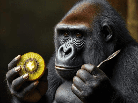 gorilla eating kiwi