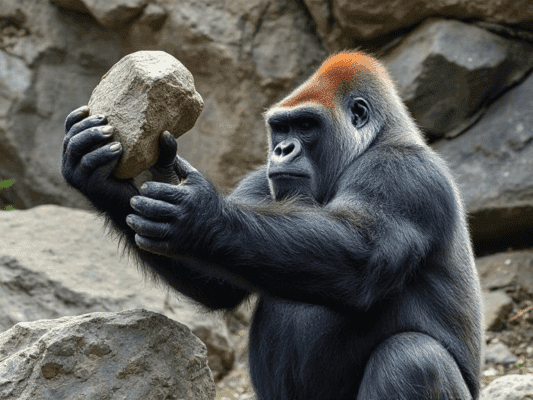 gorilla looking at stone