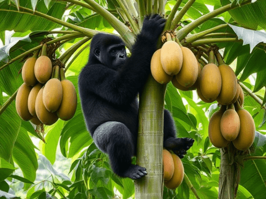 gorilla climbing papaya tree