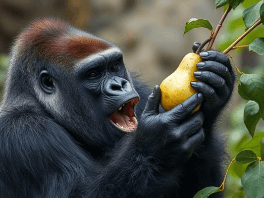 gorilla eating pear off tree