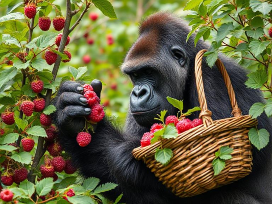 gorilla picking raspberries with basket