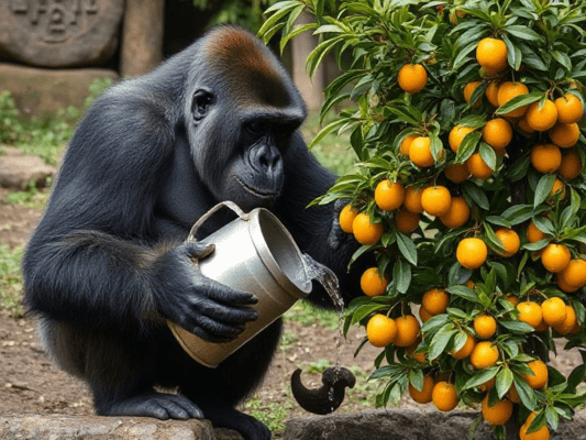 gorilla watering kumquat trees